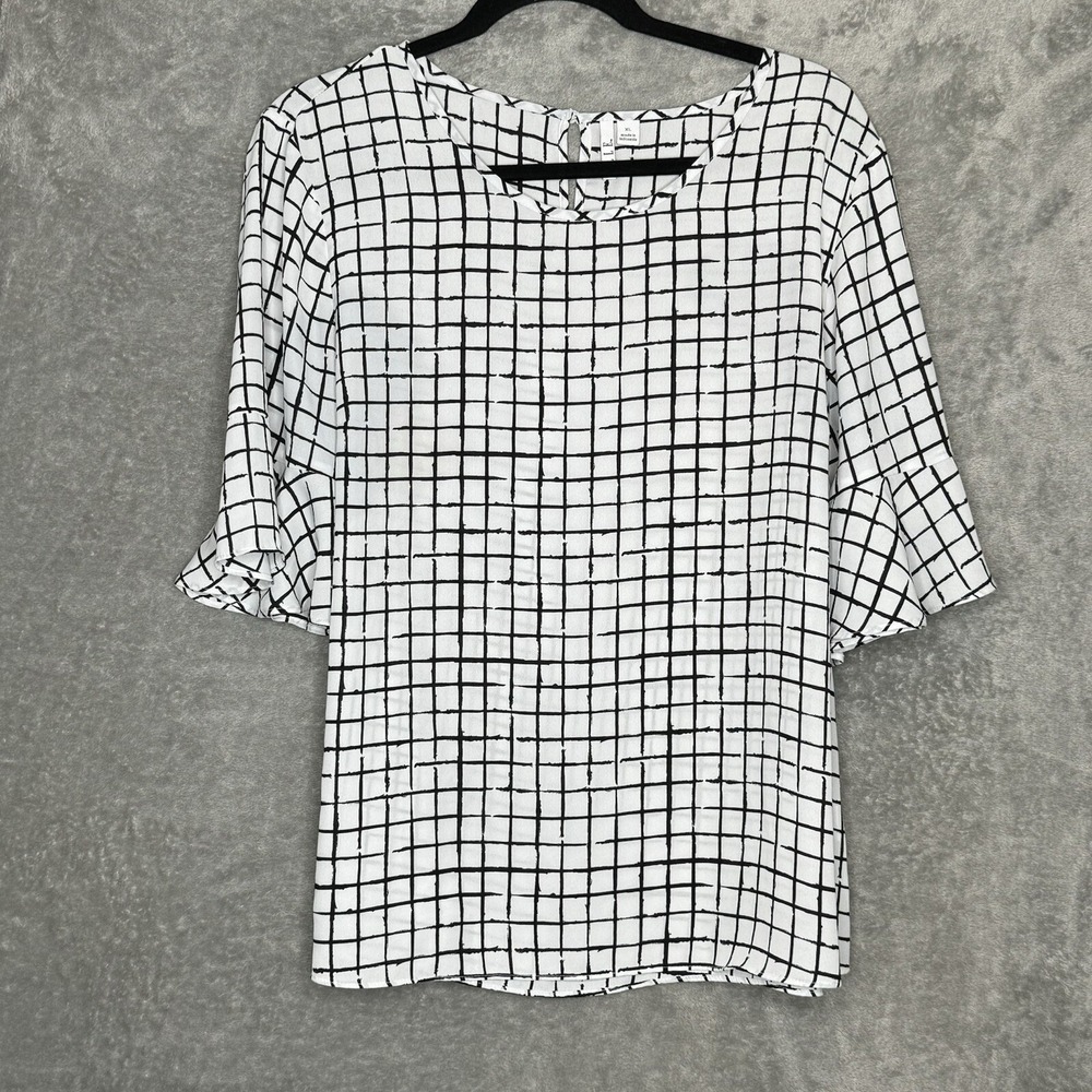 Elle XL Shirt Top White Check Bell Short Sleeve Scoop Neck Button Back Womens